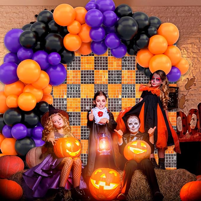 24PCS Black Orange Shimmer Wall Backdrop, Halloween Square Sequin Photo Backdrops Panel, Glitter Wall Background for Halloween, Birthdays, Weddings, Christmas, Engagements, Party Decor (4FTx6FT)