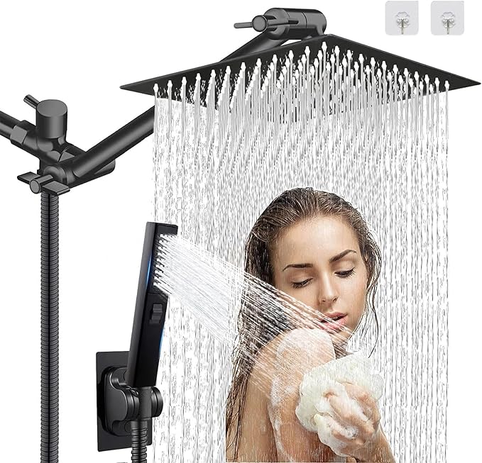 10" High Pressure Square Rainfall Shower Head and 2-in-1 Hand Shower, Rainfall