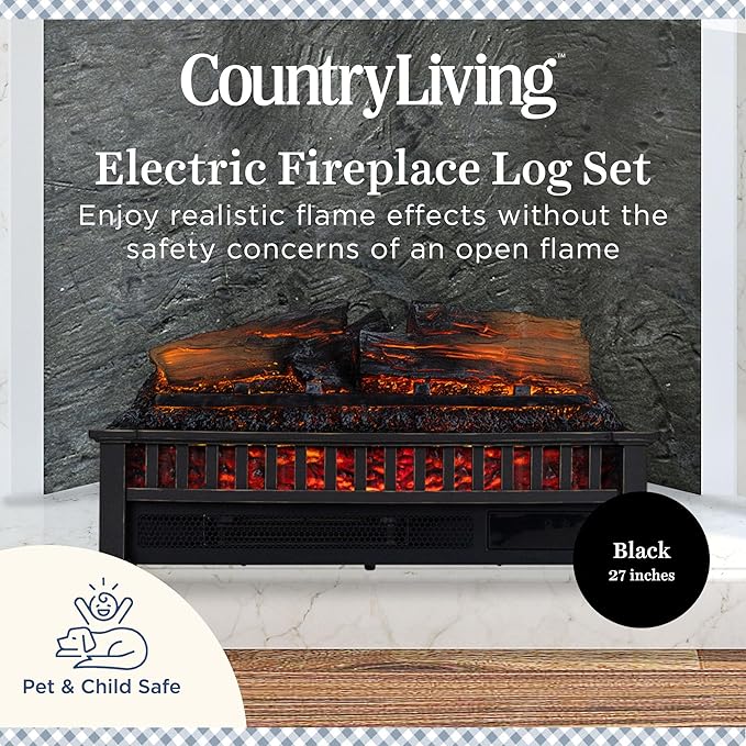 Country Living Electric Fireplace Logs, 27” LED Electric Fireplace Inserts