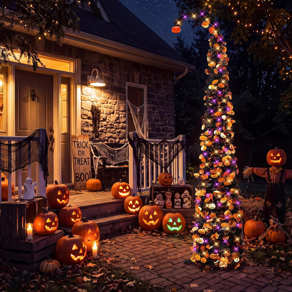 Curved Pumpkin Halloween Tree 5FT with Remote Timer Purple Orange Lights
