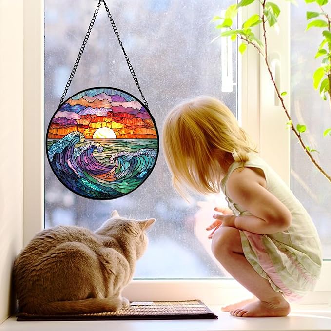 DASTOLL Stained Glass Window Hanging, Clouds and Sea Waves Suncatcher Diamond