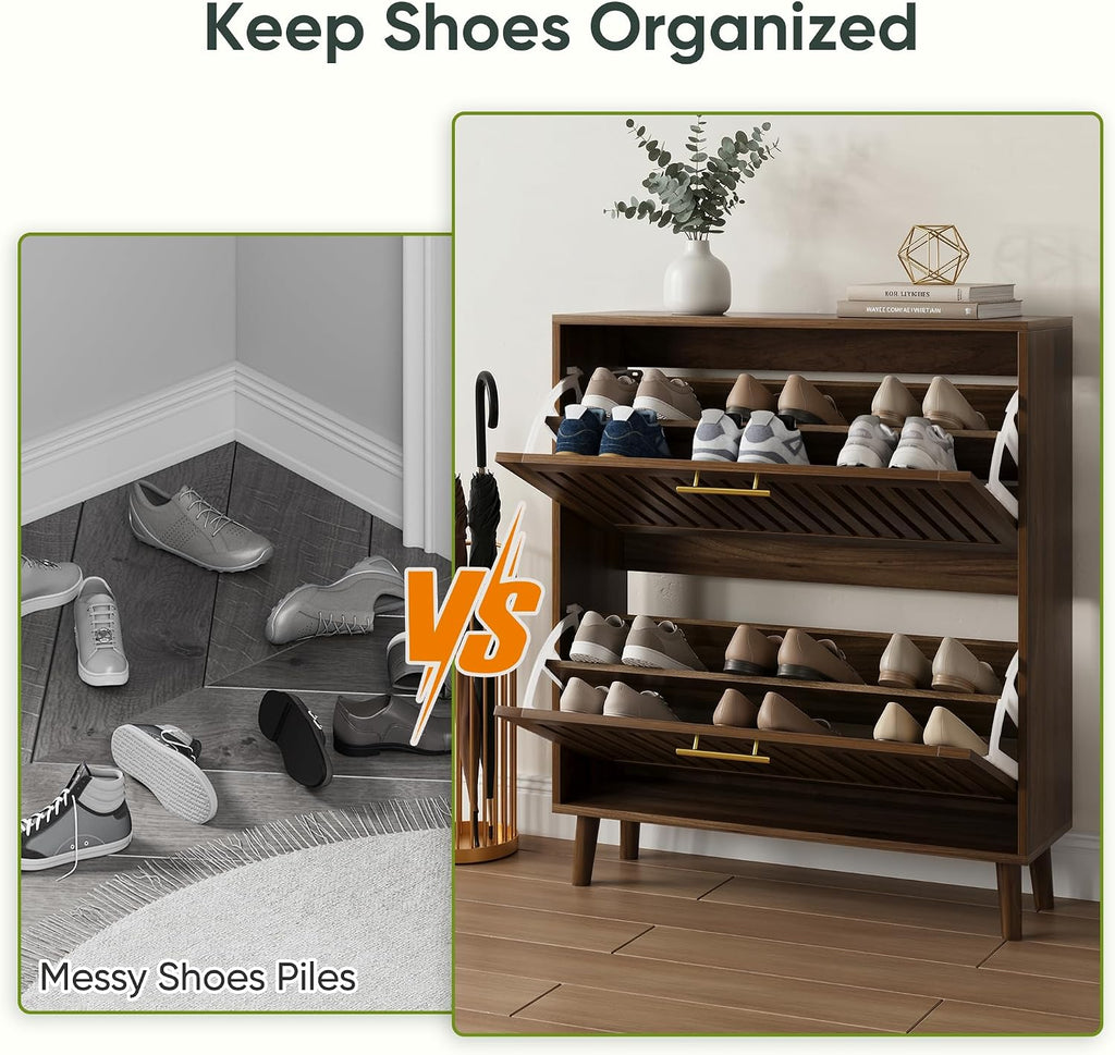 Smart FENDEE 31.5" W Shoe Cabinet Storage for Entryway with 2 Flip Drawers, Shoe Cabinet with Slatted Panel, Hidden Shoe Rack Freestanding Slim Shoes Organizer for Hallway, Entrance, Walnut