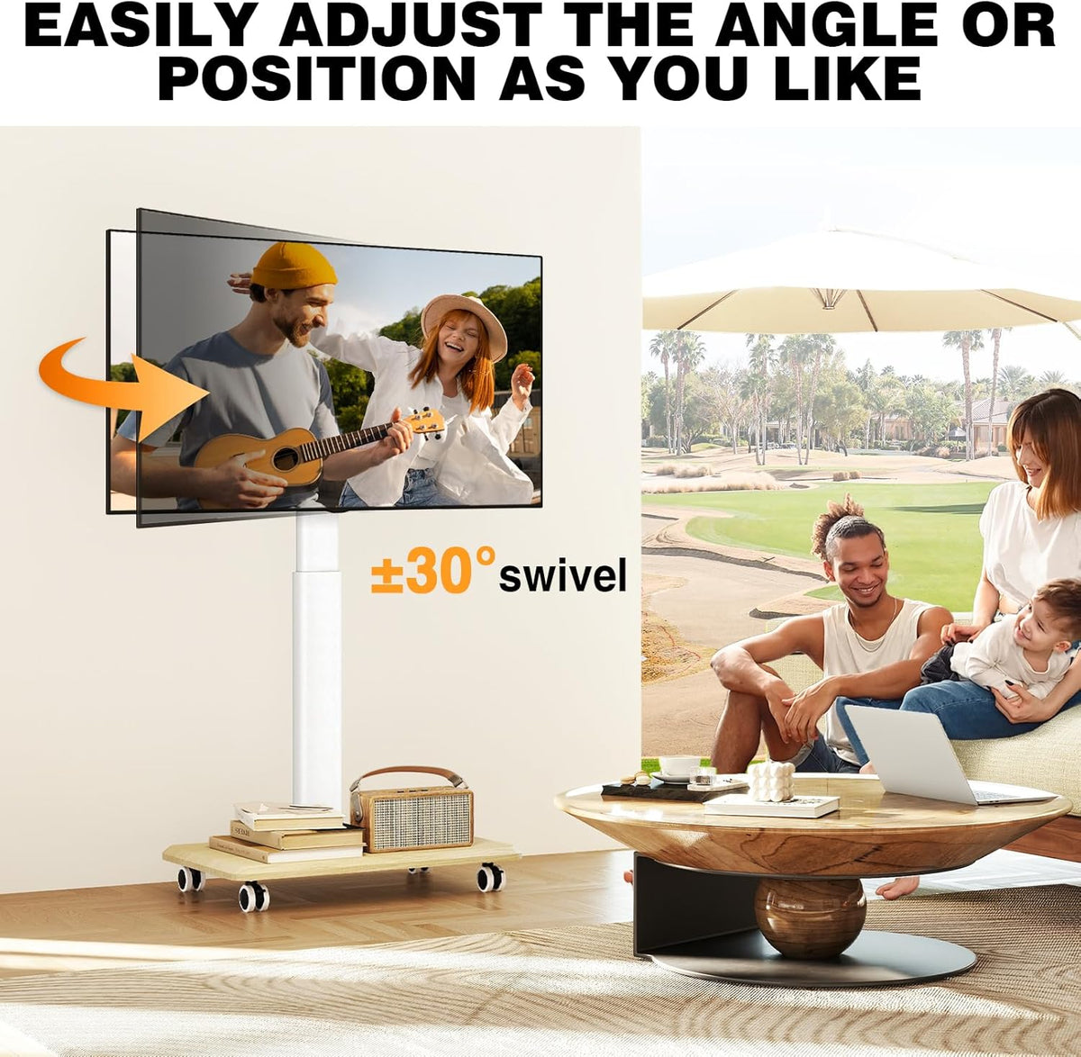 TVON Rolling TV Stand for 32-70 Inch TVs，Elegant Floor TV Stand with Wheels