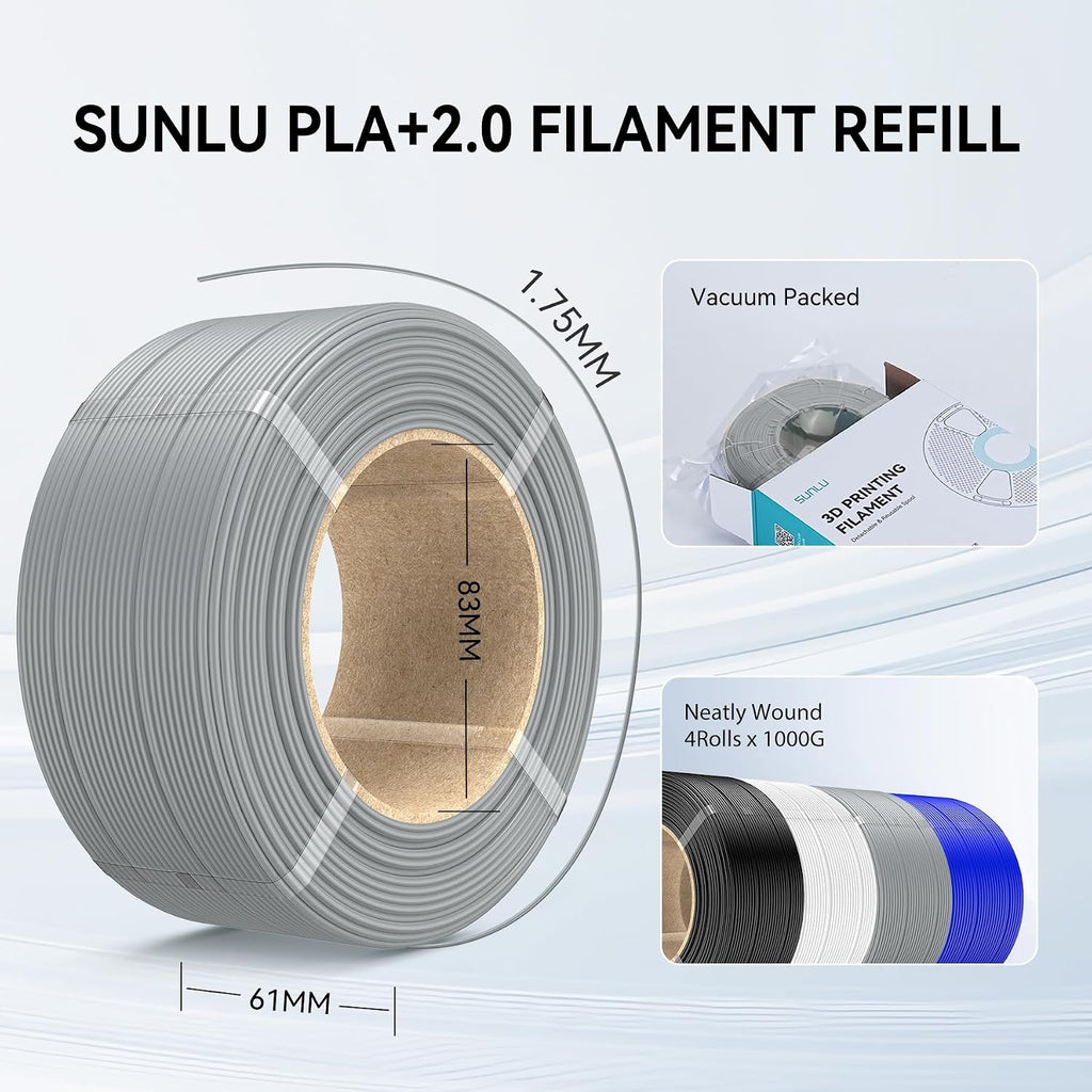 SUNLU PLA+2.0 3D Printer Filament Refill 1.75mm, 4KG, 1KG/Roll, Black*4