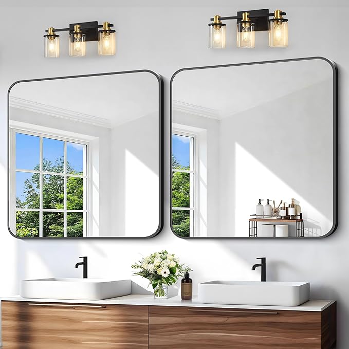 Black Bathroom Mirror, 38x40 inch Aluminum Metal Frame Rectangular Vanity Mirror