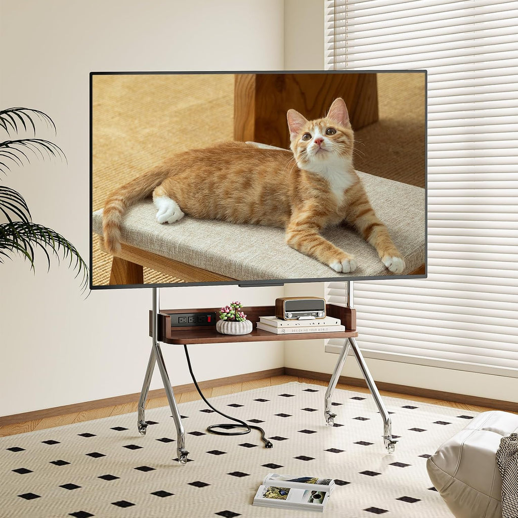 Rolling TV Stand with Power Outlet & Wooden Shelf,Stainless Steel Mobile TV Carts for 32-75 Inch TVs up to 110 lbs,Height Adjustable Portable TV Stand with Wheels for Home Office,Max VESA 600x400mm