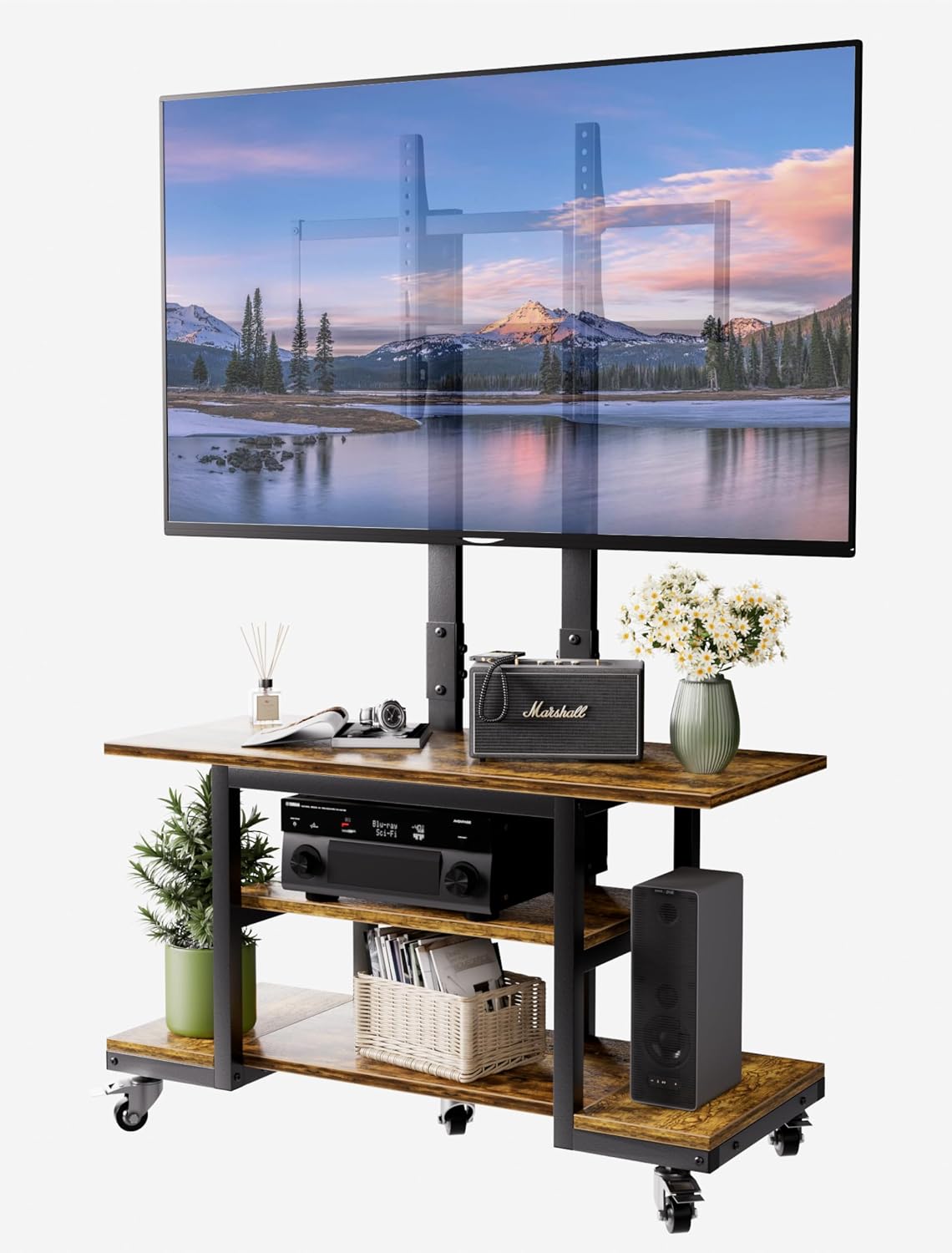 Heavy Duty Mobile TV Cart with 3-Tier Shelves, Height Adjustable Rolling TV Stand for 32-75 inch TVs up to 150 lbs, Portable TV Stand with Wheels for Home & Office, Max VESA 600×400mm(Retro)