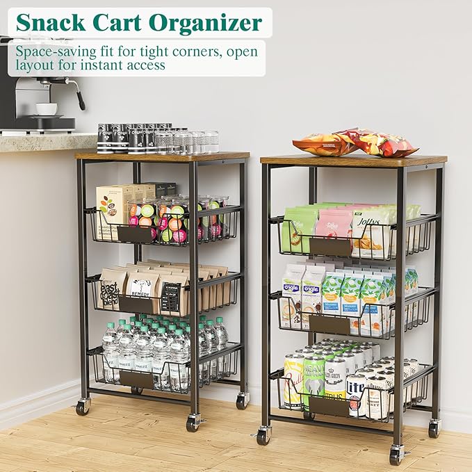 Kitchen Storage Cart with Wheels, 4-Tier Metal Utility Rolling Cart Fruit