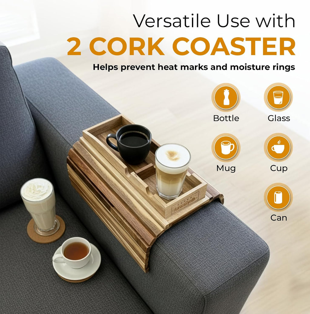 couch cup holder tray with 2 cork coasters, side view