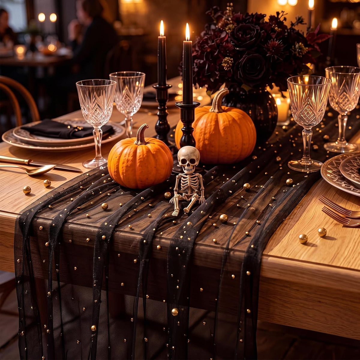 10 Pcs Halloween Black Pearl Gauze Table Runner 120 Inch 10ft