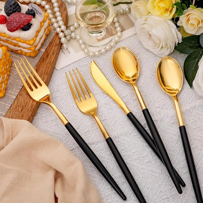 SUT Gold Plastic Silverware (160Pcs) Forks and Spoons Disposable, 80 Gold Plastic Forks, 40 Gold Knives, 40 Gold Spoons, Black and Gold Utensils Set Disposable for Parties, Weddings,New Year,Halloween