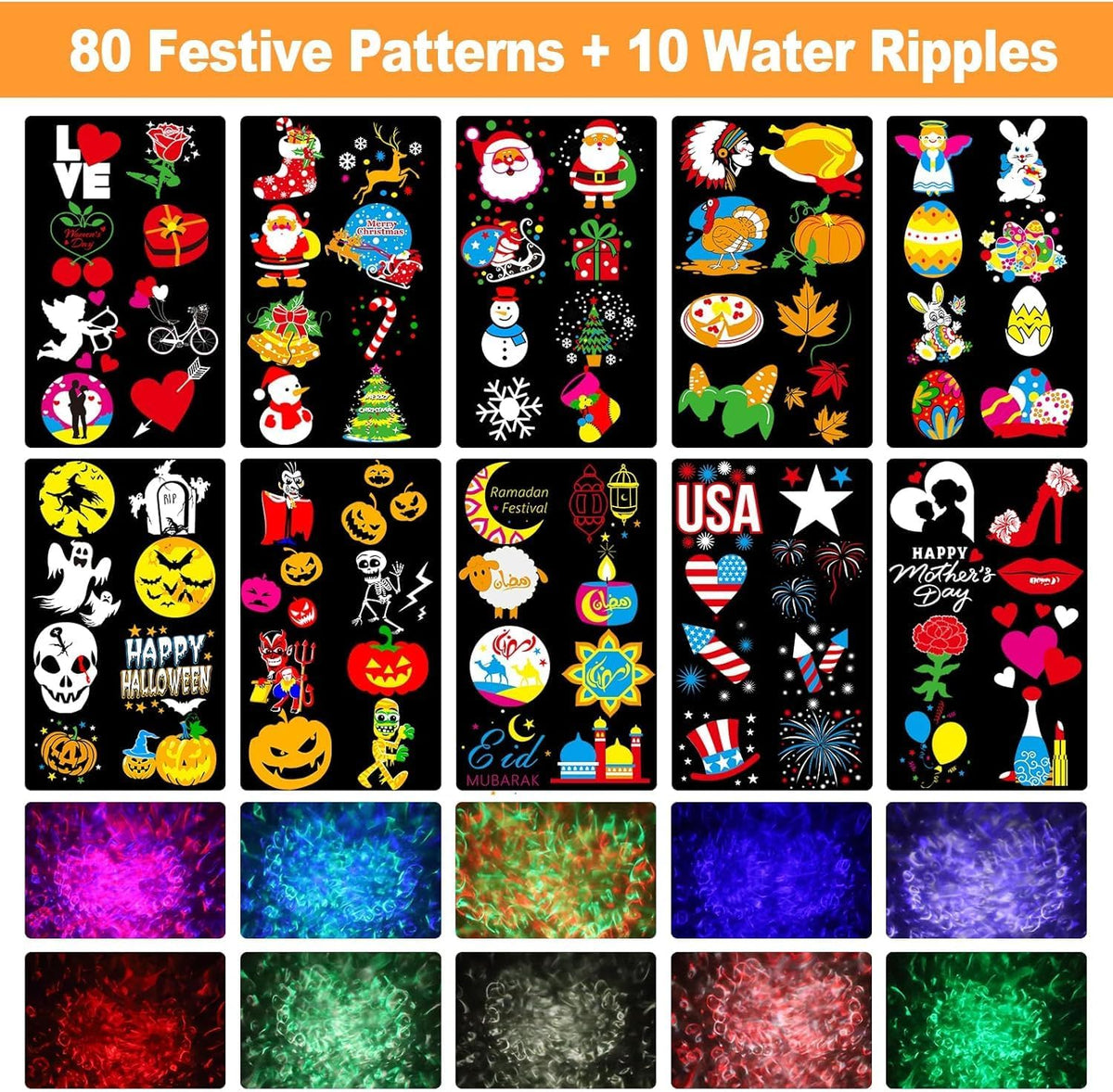 Brighter Halloween Projector Lights, 2026 Upgraded Halloween Decorations Holiday Projector Display 8 Patterns at A Time (Ocean Wave & Patterns), 8 Holiday Themes Christmas’ Day Decor Light