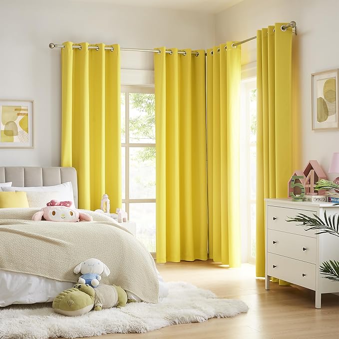 DUALIFE 90 Inch Curtains Yellow, Room Darkening Curtains, Thermal Insulated (Set of 2)