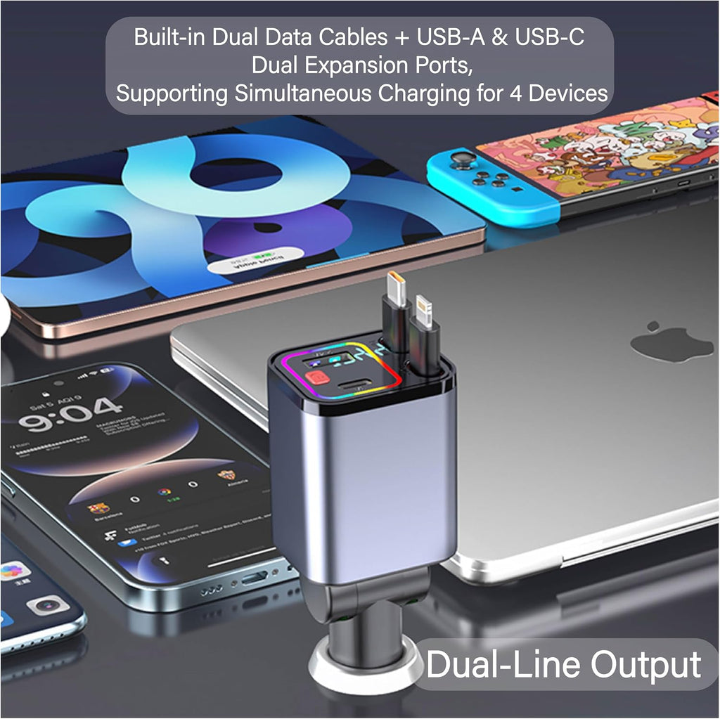 4-in-1 retractable 30w fast car charger, dual usb-c, side view