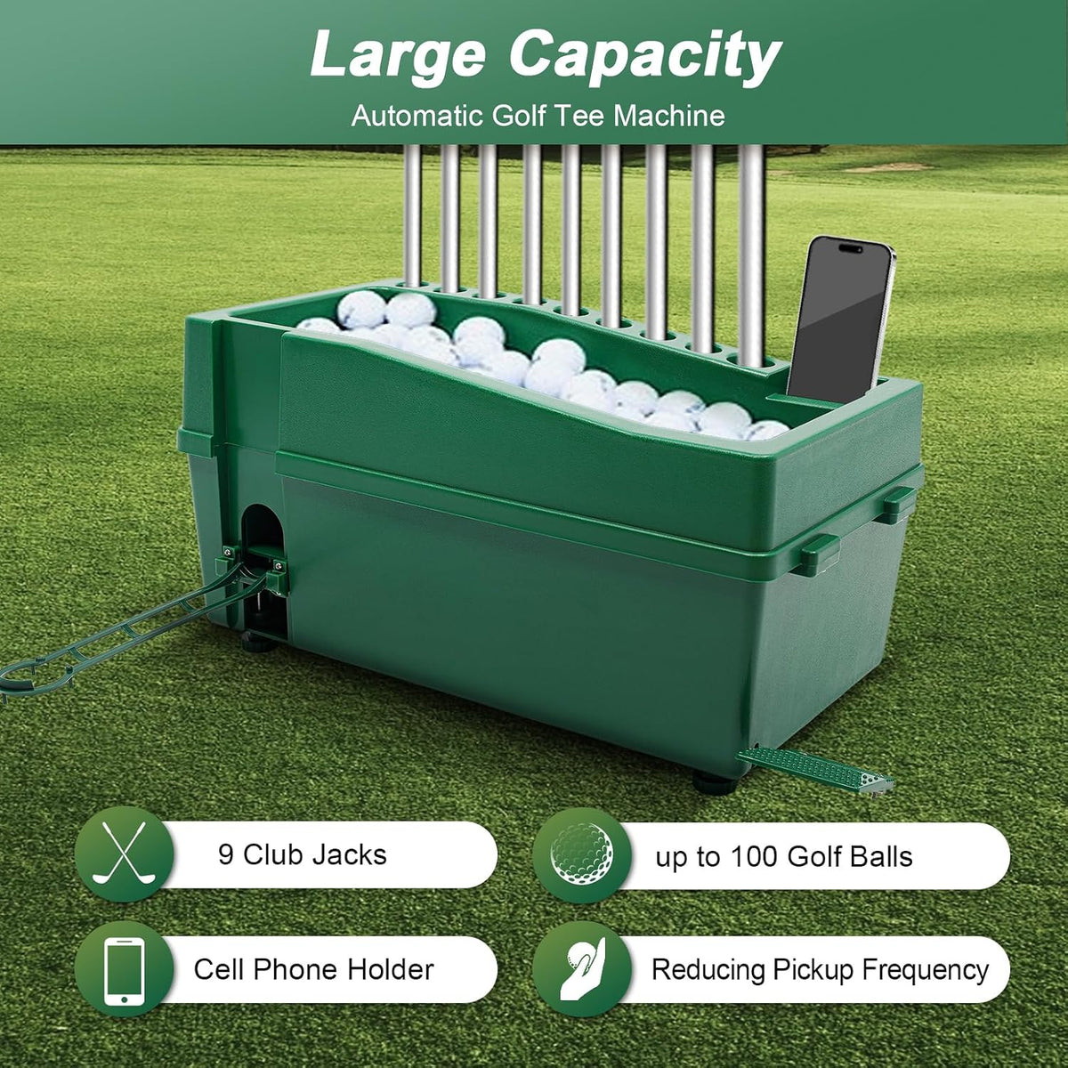 Automatic Golf Ball Dispenser with Tee Up Machine, No More Bending Over, 100 Ball Capacity Auto Tee Up for Indoor Golf Simulator, Backyard Net & Driving Range, 9 Club Slots & Phone Holder (Green)