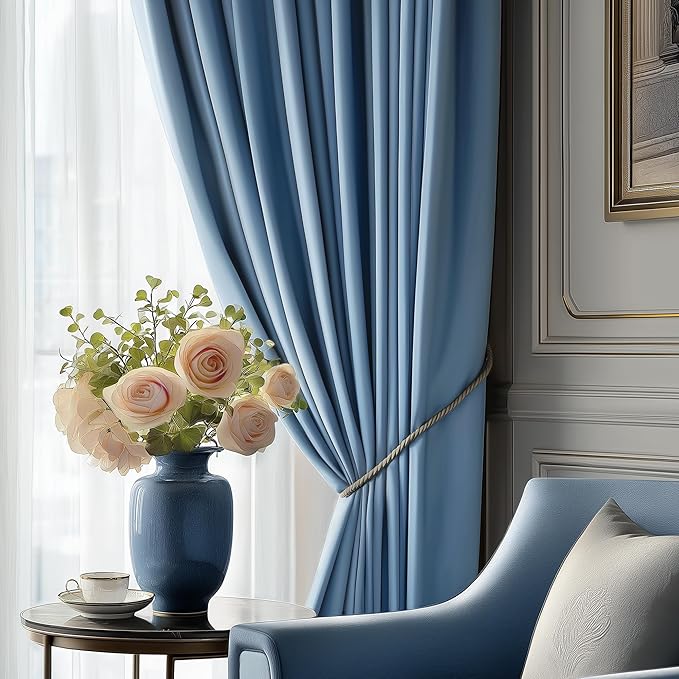 FMFUNCTEX Velvet Blackout Curtains Blue Thermal Insulated Curtains