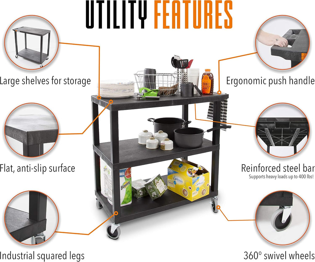 Stand Steady Tubstr 3 Flat Top Shelf Utility Cart Supports Up to 300 lbs - Heavy-Duty Plastic Service Push Cart with Three Flat Shelves, for Offices, Warehouse Storage, Garage Tools (Black, 35 x 18)