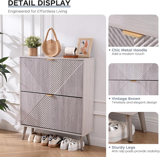 Shoe Cabinet with 2 Flip Drawers, Freestanding Shoe Cabinet Organizer with 4