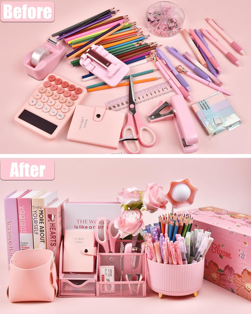 lxevihk pink desk accessories 21-piece office supplies gift, close-up detail