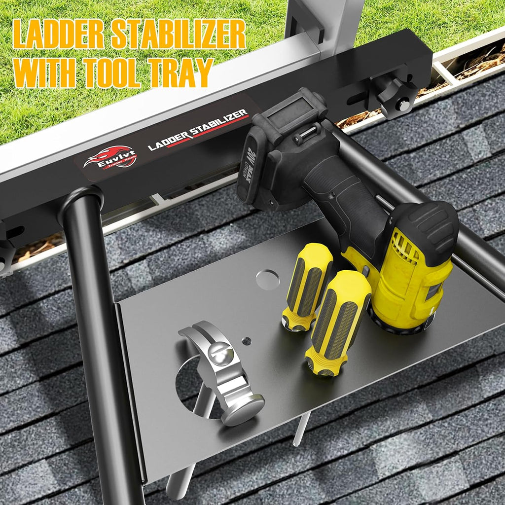 extension ladder stabilizer, extended ladder standoff with tool, close-up detail