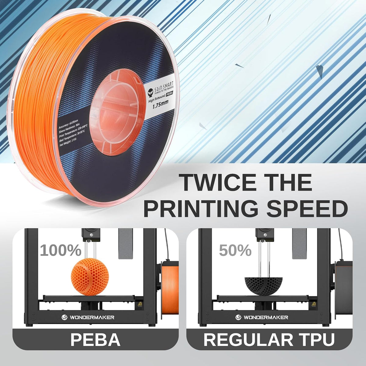 SainSmart PEBA High Rebound 90A Flexible Filament, 1KG (2.2lbs) (Orange)