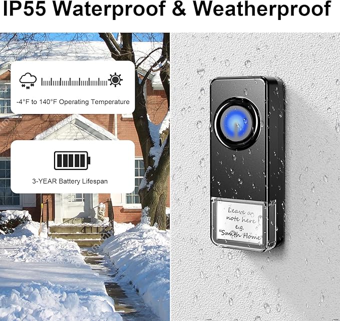 Wireless Doorbell 2 Receivers 2 Push Buttons, PHYSEN Waterproof Door Chime Kit