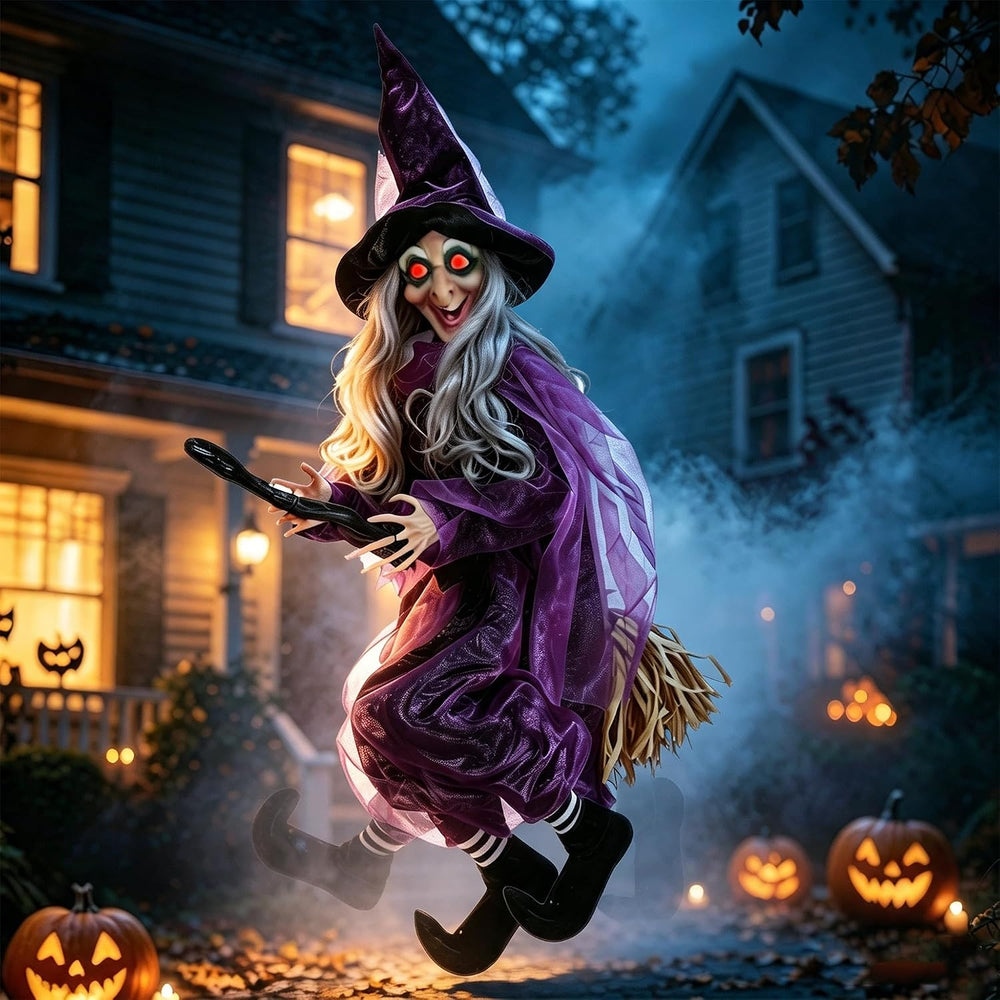 Hourleey 4 FT Flying Witch Halloween Decorations, Animated Hanging Witch on B...