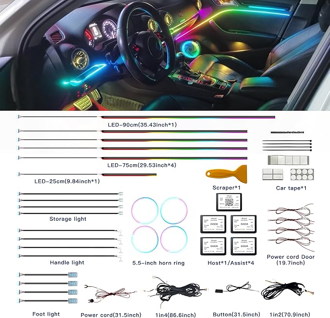 Acrylic Interior Car LED Strip Lights, Colorful 22-in-1 Car Ambient Lighting Kit