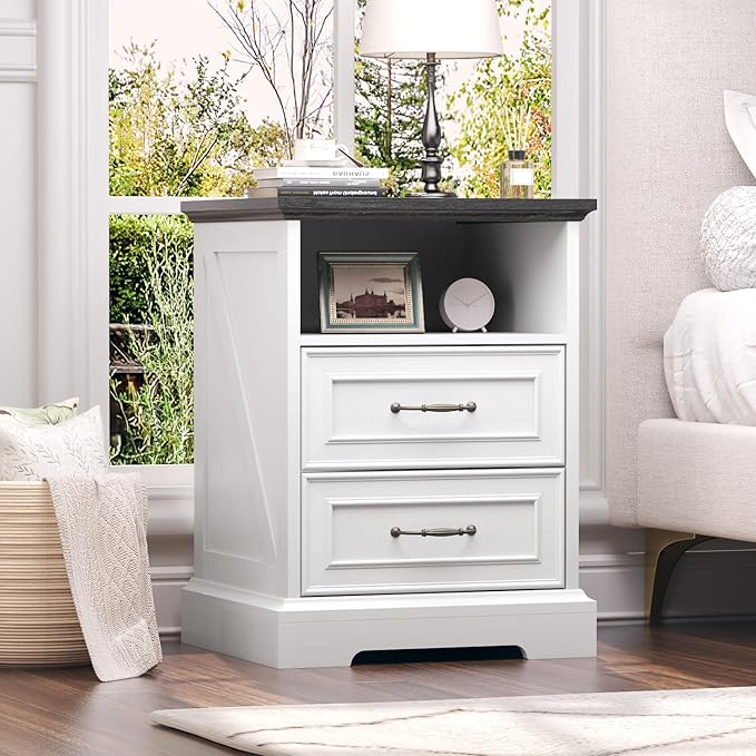 Nightstand with Charging Station, Rustic Farmhouse Wood Small Dresser, Bedside