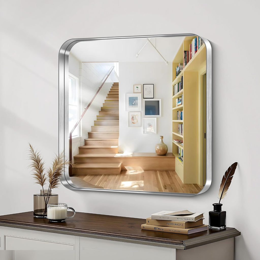 CIRCUMI Silver Bathroom Mirror, 30"x30" Rectangular Mirror for Vanity