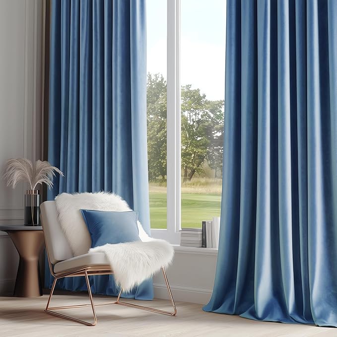 FMFUNCTEX Velvet Blackout Curtains Blue Thermal Insulated Curtains