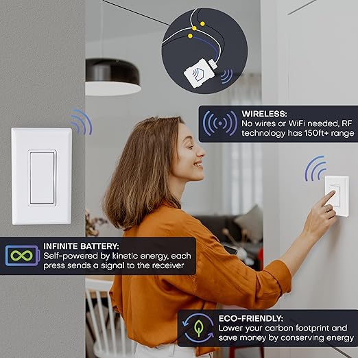 RunLessWire 3-Way Battery-Free DIY Wireless Light Switch Kit 150ft RF Range