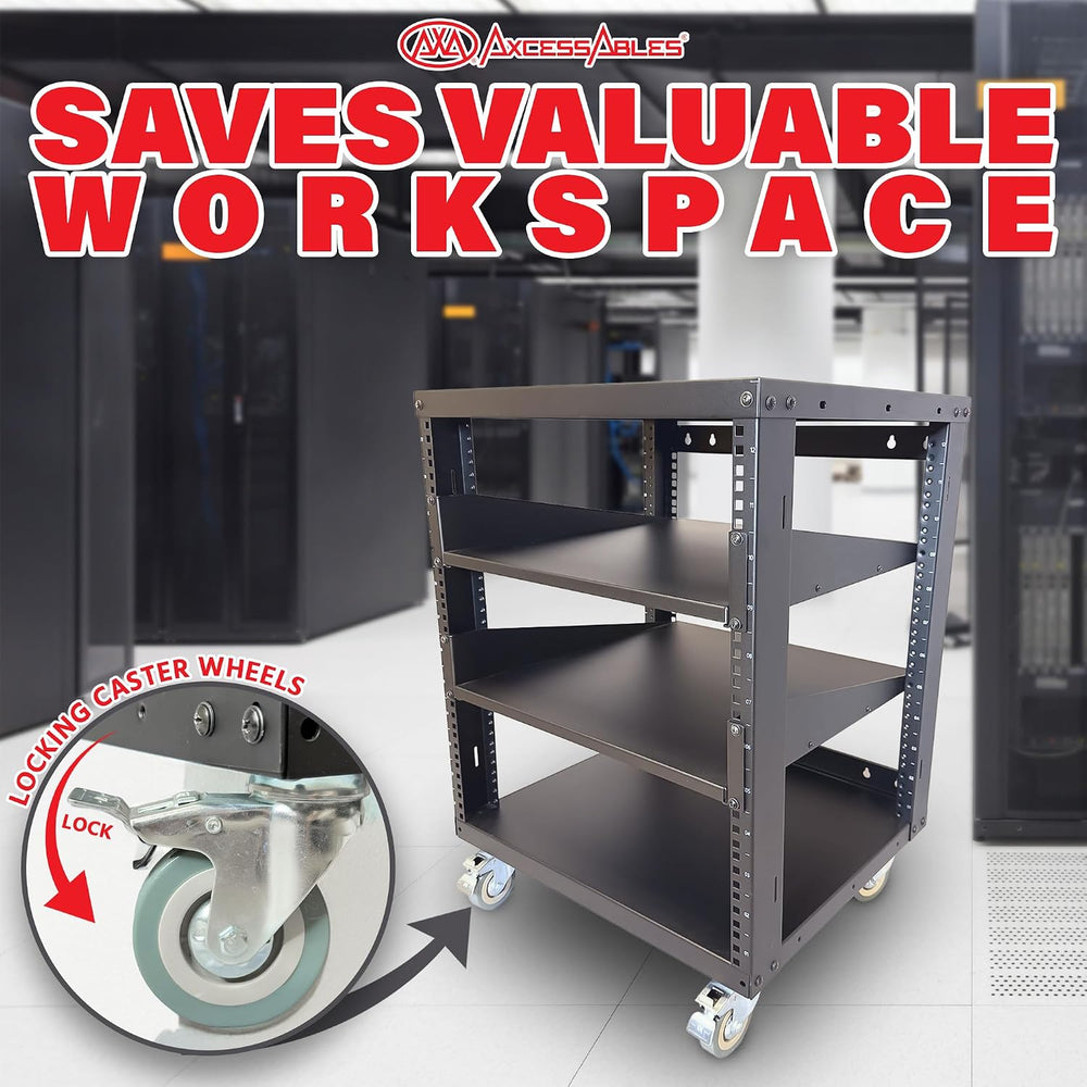 AxcessAbles 12U Open Frame Network Rack with Locking Caster Wheels - 440lb Ca...
