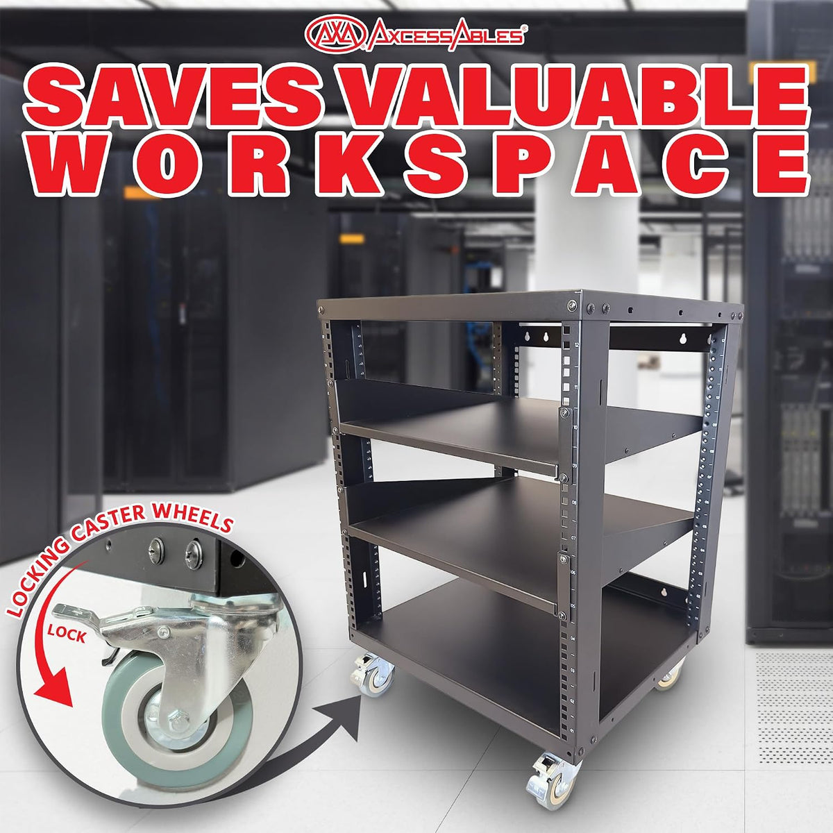 AxcessAbles 12U Open Frame Network Rack with Locking Caster Wheels - 440lb Capacity, 18" Depth | 19-Inch Open Server Rack, Two 2U Shelves, 10-32 Screws & Cage Nut Rails, Cage Nut Tool & Wall Kit