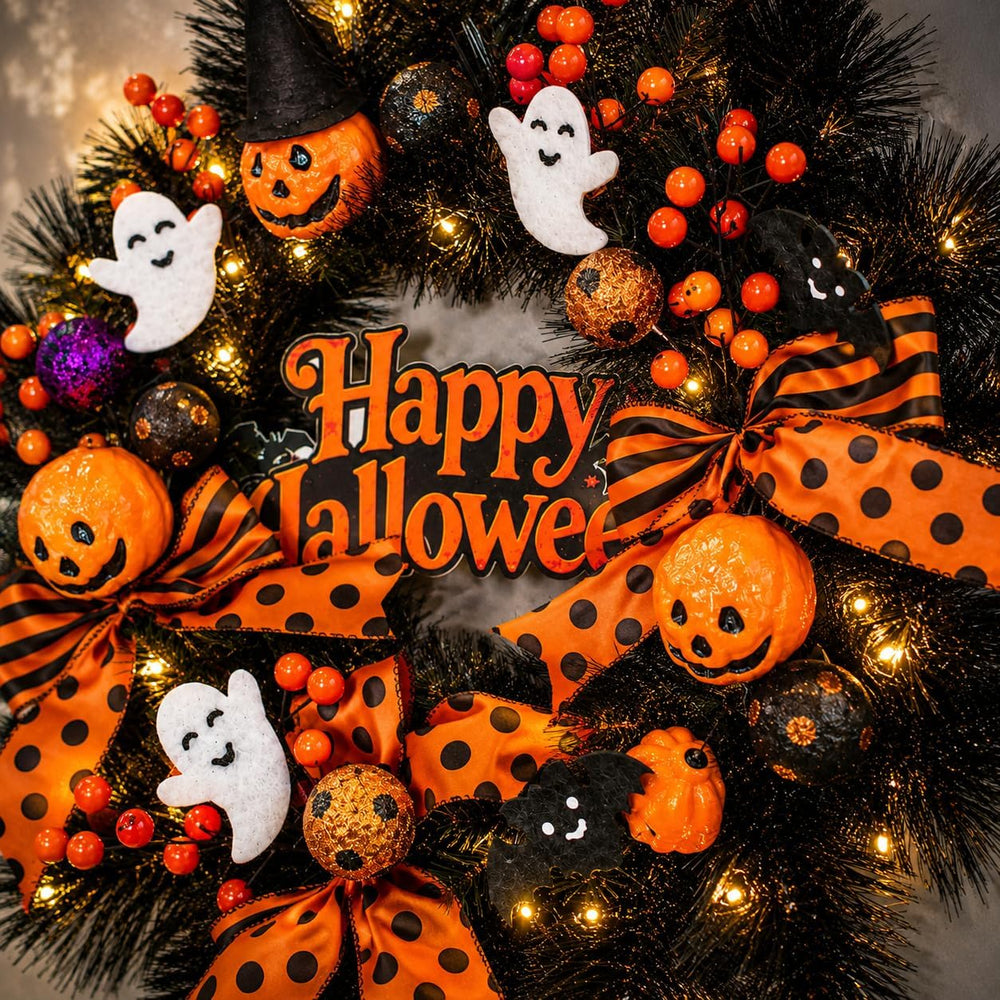 22 Inch Halloween Wreath for Front Door with Light Pumpkin Ghost Decor