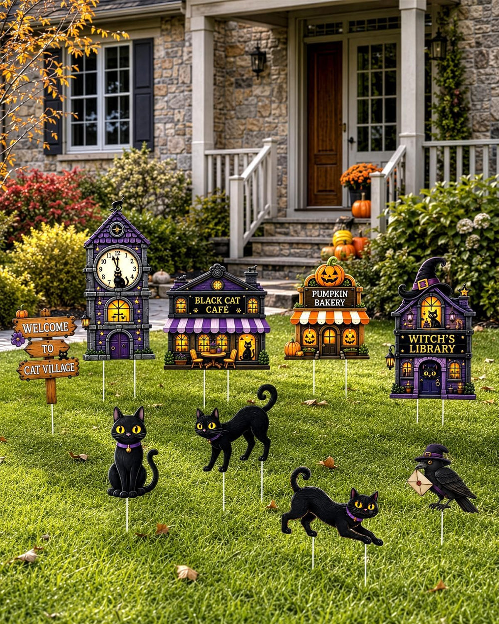 Halloween Yard Signs Outdoor Decorations - 12 Pcs Black Cat Village Set