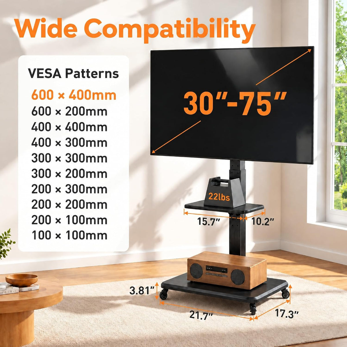 perlegear rolling tv stand for 30-75 inch tvs, package contents