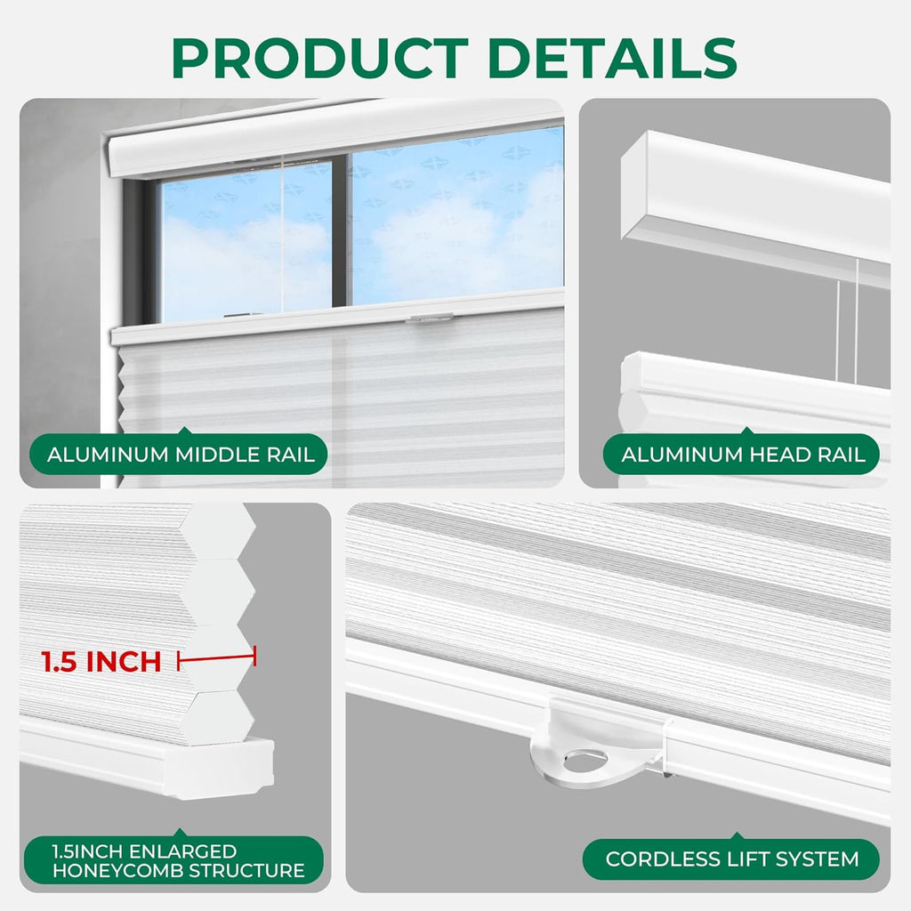 Allesin Top Down Bottom Up Cordless Cellular Shades,Thermal Insulation Honeycomb Blinds for Indoor Windows,(Clear White,27"x64")