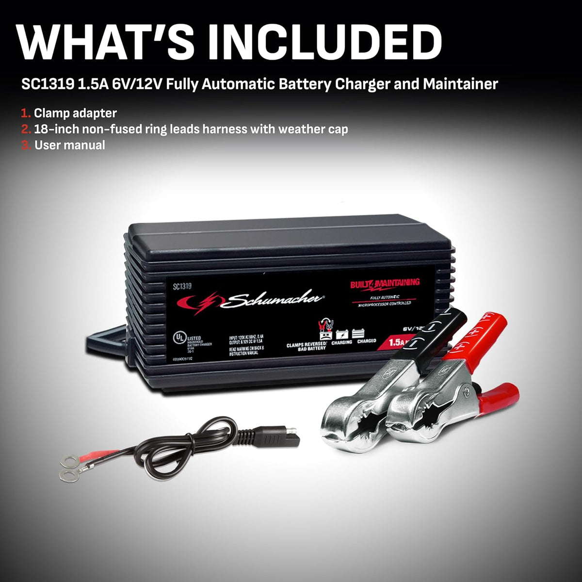 schumacher electric battery charger and maintainer, 3-in-1, sc1319 showing dimensions