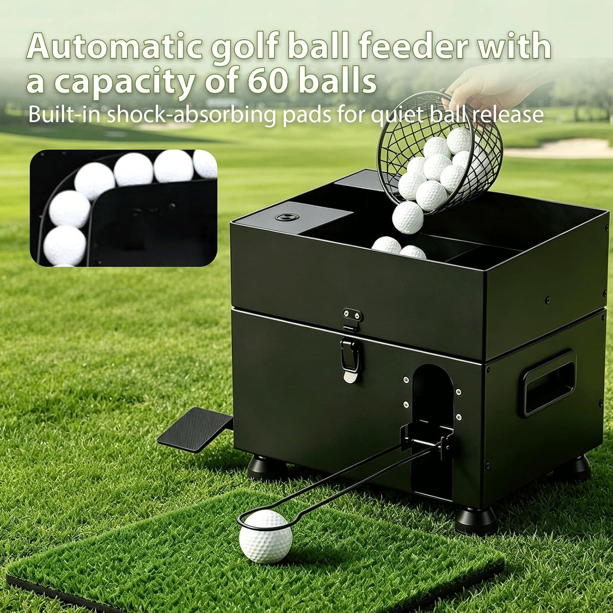 Golf Ball Dispenser 60-Ball Golf Ball Launcher Foot Pedal Heavy-Duty