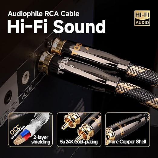 TODN HiFi RCA Cables Audiophile, Double Shielded RCA Cable Male to Male Stereo