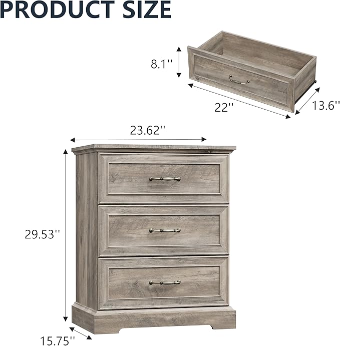Nightstand with 3 Large Drawers, Rustic Farmhouse Wood Small Dresser, Bedside