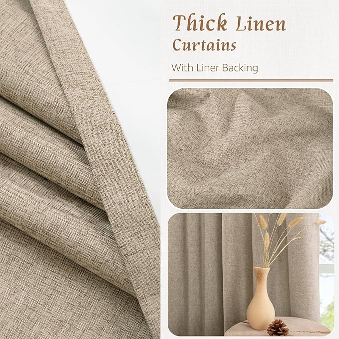 LAMIT Natural 100% Blackout Linen Curtains, 54 Inches Linen Textured Thermal