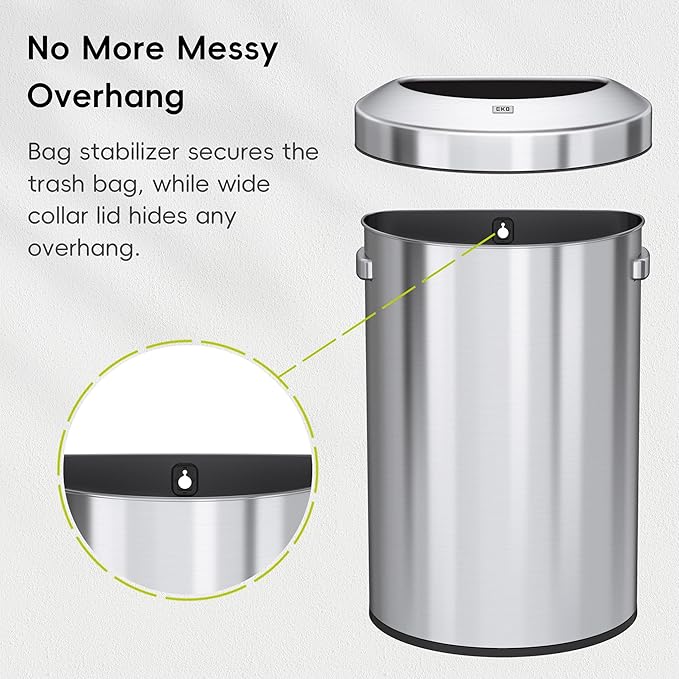 EKO Urban 21 Gallon Semi-Round Open Top Waste Bin, Stainless Steel Half Round