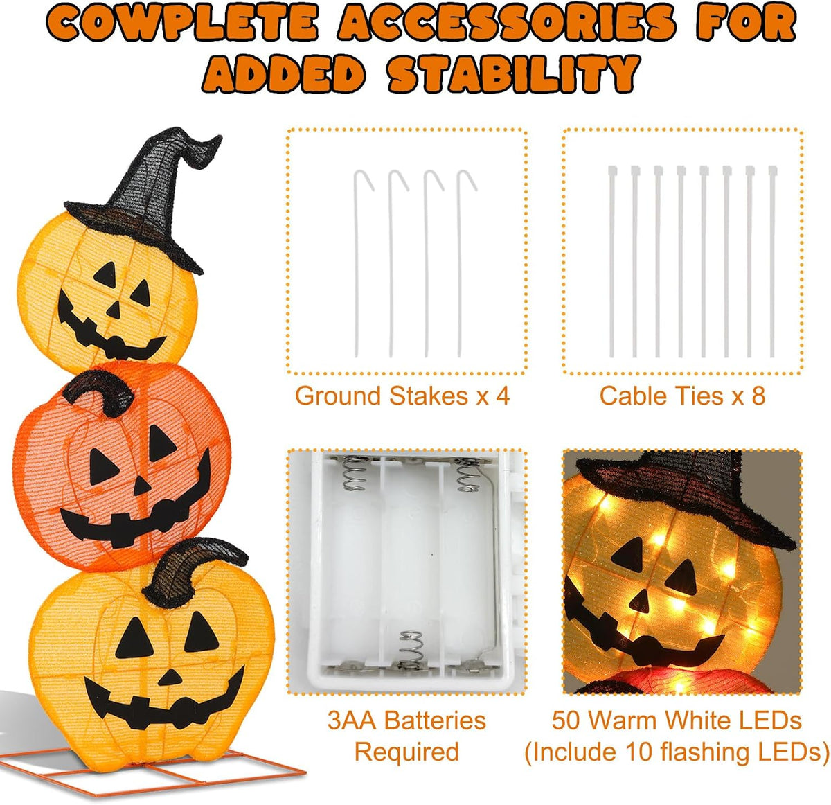 Halloween Lighted 3 Stacked Pumpkins, 39’’ H Pre-Lit Lighted Pumpkins with 50 Warm White Lights, Light Up Halloween Pumpkin Decoration for Indoor, Outdoor, Porch, Yard, Holiday Decor