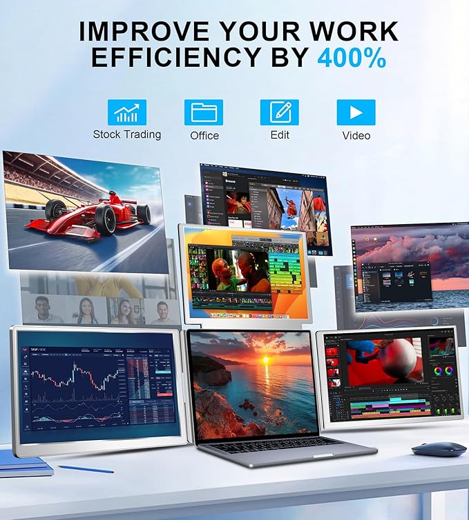 FOPO 16" Laptop Screen Extender Monitor Portable, Quad Monitor, Just 1 Cable