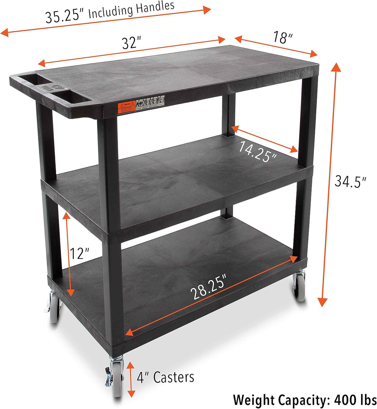 Stand Steady Tubstr 3 Flat Top Shelf Utility Cart Supports Up to 300 lbs - Heavy-Duty Plastic Service Push Cart with Three Flat Shelves, for Offices, Warehouse Storage, Garage Tools (Black, 35 x 18)