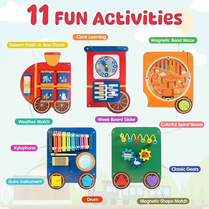 Train Activity Wall Busy Board Panels | 11-in-1 Wooden Sensory Wall Panel