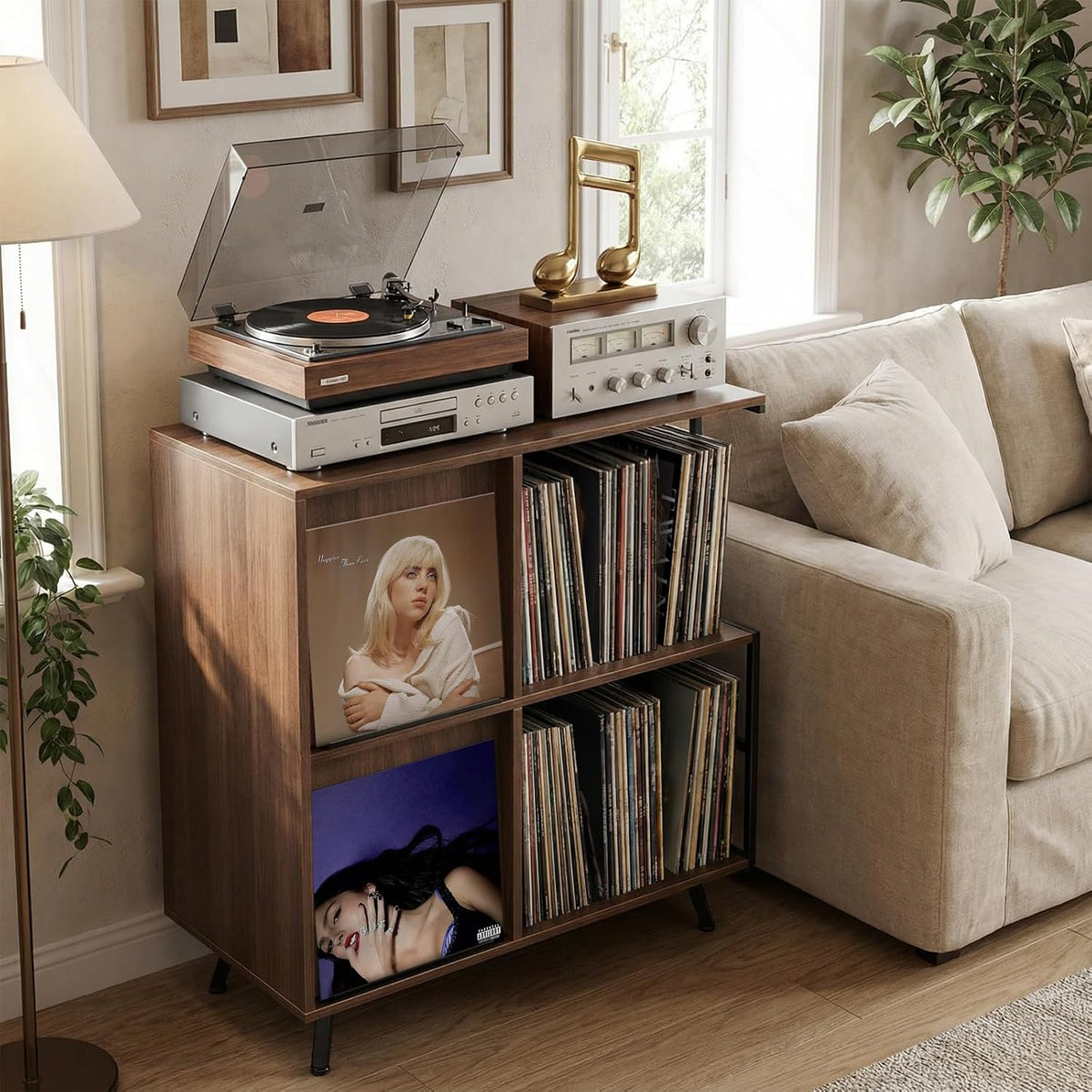 Faesun 3 Tier Record Player Stand with Flip-Down Record Shelf, Walnut