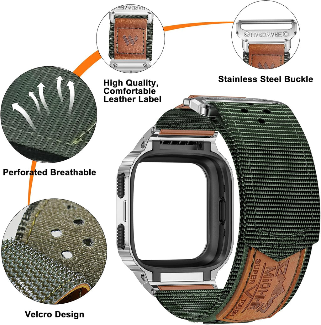 MioHHR Nylon Bands with Stainless Steel Case for Fitbit Versa 4 3 2 1 Lite